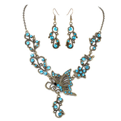 

Vintage Women Butterfly Flower Crystal Wedding Necklace Earrings Jewelry Set