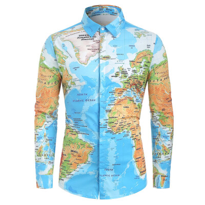 

World Map Print Hidden Button Shirt