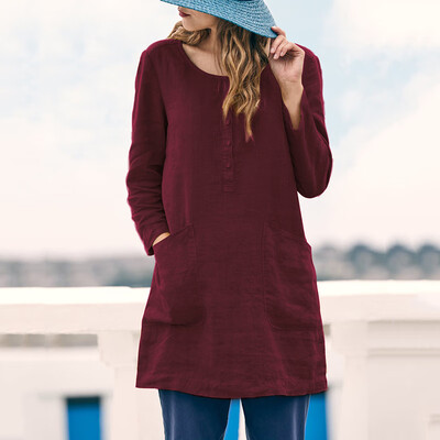

Womens Round Neck Buttons Tops Long Sleeve Retro Shirt Beach Boho Tunic Blouse