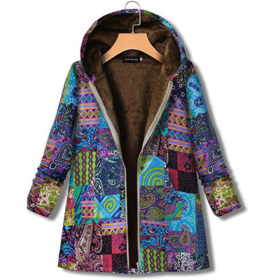 

Women Autumn Winter Geometric Pattern Printed Hooded Jacket