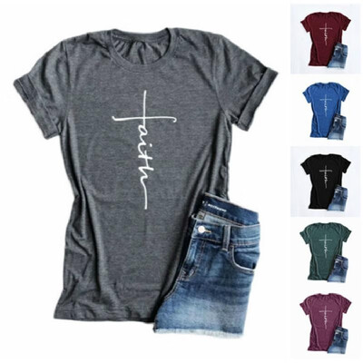 

AliExpress Amazon Europe&America Summer Hot Explosive Faith Letter Print Round Neck Cotton Short Sleeve T-Shirt Wine