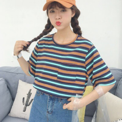 

Women Casual Striped Print O Neck Short Sleeve Loose T-Shirt Women Tshirt Loose Korean Style Tshirt camiseta mujer