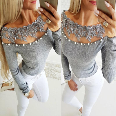 

Ebay AliExpress 2019 spring&summer sexy wavy side word shoulder perspective lace pearl shirt ST2763 gray