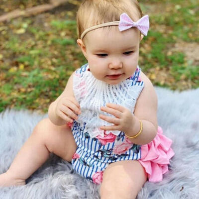 

Newborn Baby Girls Easter Rabbits Vertical Stripe Floral Lace Rom Jumpsuit
