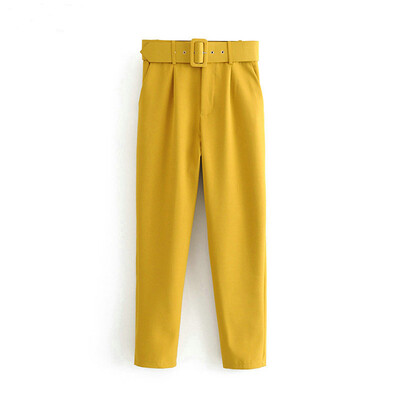 

Women Casual Pants Belt High Waist Solid Color Pocket Loose Work Office Trousers