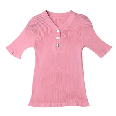 

Women Retro Solid Color V Collar Button Half Sleeve Casual Knit Pullover Loose Tops