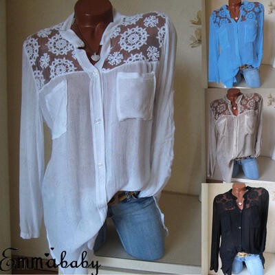 

New Women Long Sleeve Baggy Button Linen Casual Shirt Pocket Top Blouse T-shirt