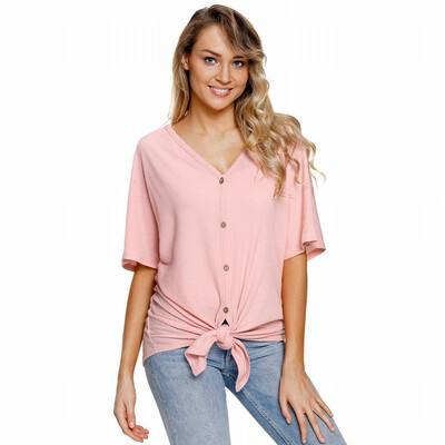 

Solid color V-neck short-sleeved single-breasted hem knotted casual straight tube top