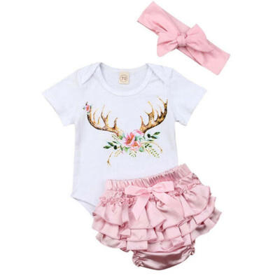 

Summer Newborn Baby Girl Deer Clothes Short Sleeve Romper Layers Shorts Outfit