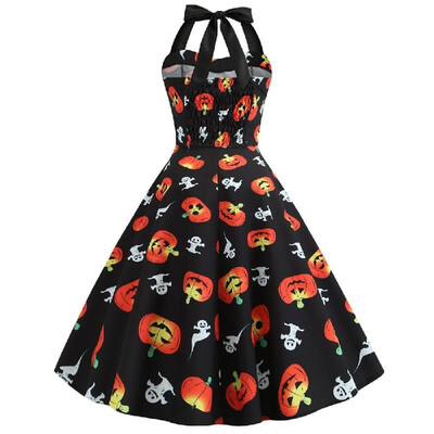 

X3324 cross-border Halloween new retro womens sexy hanging neck wrapped chest elastic waist pumpkin print big swing skirt black X