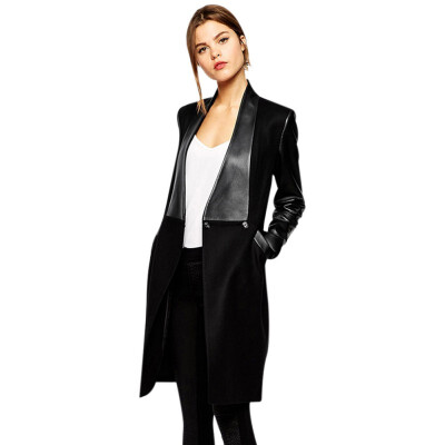 

Women Lapel Splicing Patchwork Sexy Long Sleeve Slim Woolen Coat Leather Fashion 2019 Black Color Jacket Long Wild Coat