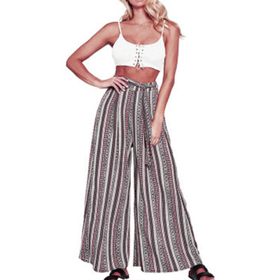

Women High Waist Print Chiffon Zipper Wide Leg Pants Belt Loose Band Trousers