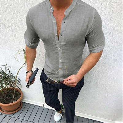 

Hot Men Slim Fit Dress Shirt V-Neck Long Sleeve Linen Casual T-shirt Top Blouse