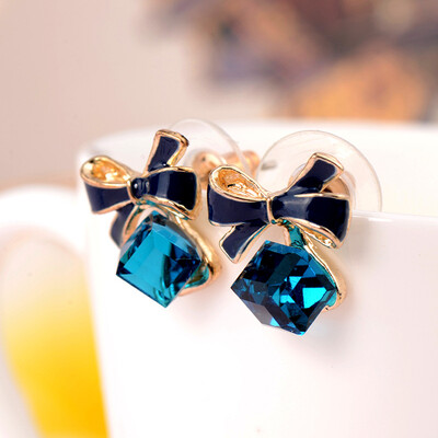 

EK831 High Quality Fashion 2018 Chic Shimmer bow knot Cubic Green Blue Rhinestone Stud Earrings For Women Crystal Earrings