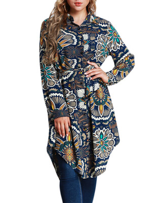 

New Fashion Women Long Floral Print Shirt Blouse Turn-down Collar Long Sleeve Asymmetric Hem Shirt Dress Dark Blue