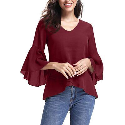 

Starmoon Women Summer V-Neck Bell Sleeve Solid Chiffon Tunic Tops Blouse Shirt