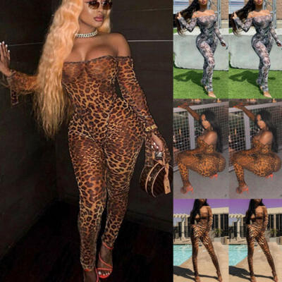 

Women Sexy Mesh Sheer Leopard Print Ruffle Sleeve Long Jumpsuit Romper Clubwear