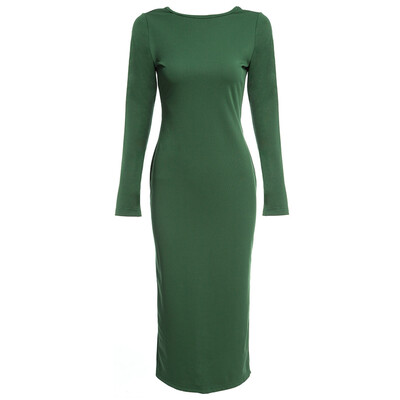 

Simple Round Collar Long SLeeve Zipper Design Skinny Women Midi Dress