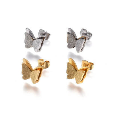 

304 Stainless Steel Stud Earrings Textured Butterfly Mixed Color 10x12x35mm Pin 08mm