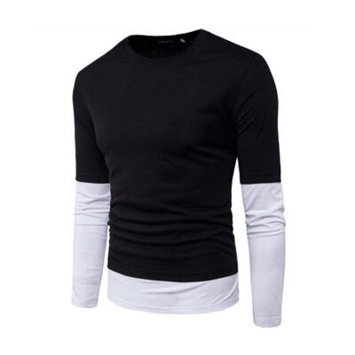 

New Simple Body Fake Two Sleeves Shirts Mens Round Neck Patchwork Cotton Long Sleeve T Shirt For Men