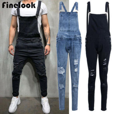 

Mens Distressed Denim Carpenter Overalls Jumpsuits Moto Biker Jean Pants -3XL