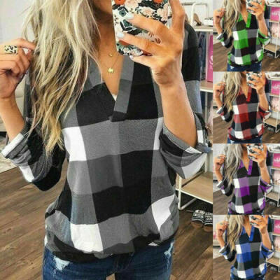 

Women Casual Loose Flannel Plaid Shirt Button Stand Collar Tops Blouse T-shirts