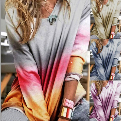 

Tailored Women Fashion Casual O-Neck Contrast Gradation Color Long Sleeve Top Blouse