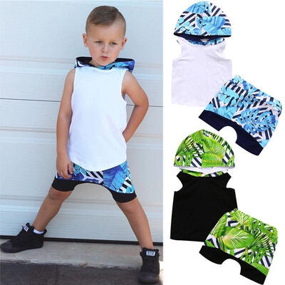 

2PCS Sleeveless Baby Boys Kid Summer Clothes Set TopsPants Shorts Hooded Outfits