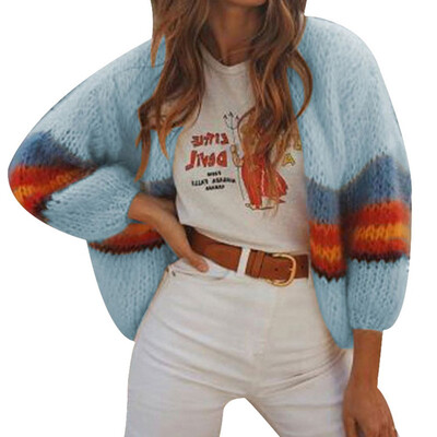 

2019 Autumn Women Fashion Casual Solid color Splice Loose Short paragraph Cardigan sweater