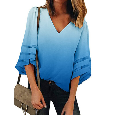 

Nomeni Womens V Neck Mesh Panel Blouse 34 Bell Sleeve Casual Loose Top Shirt