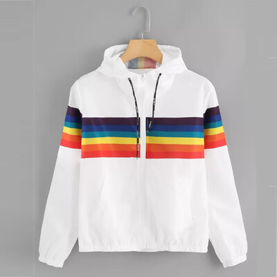

Roseonmyhand Womens Long Sleeve Rainbow Patchwork O Neck Sweatshirt Hooded Overcoat Blouse