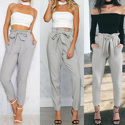 

Womens High Waist Casual Drawstring Elastic Long Pants Ladies Pencil Trousers