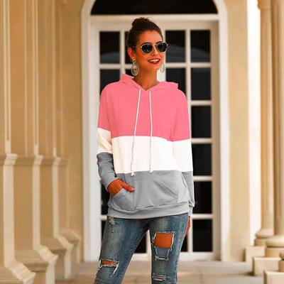 

Women Loose Hoodies Hooded Sweatshirt Drawstring Striped Splicing Front Pocket Pullovers Autumn Spring Casual Tops Street Outwear