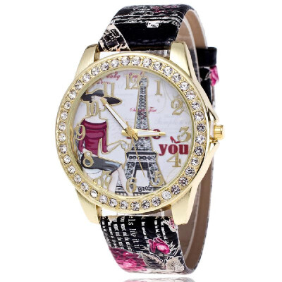 

Explosion-studded diamond Paris Eiffel Tower watch fashion digital belt ladies watch printed watches Pink