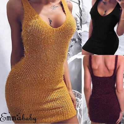 

Women Sexy Winter Dress Sleeveless Bodycon Shirt Slim Mini Dress