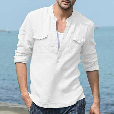 

Mens Linen Long Sleeve Shirt Slim Fit Summer Loose Casual V-Neck T-Shirts Tops