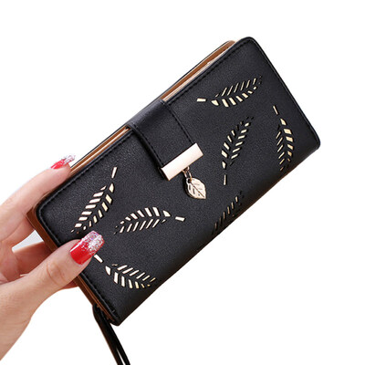 

Women Hollow Leaf Faux Leather Zipper Clutch Purse Long Wallet Cash Card Holder
