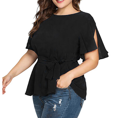 

Roseonmyhand Womens Solid Plus Size Short Sleeve Shirt Belted Knot Blouse Tops