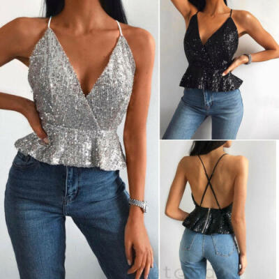 

Womens Sequin Sleeveless Crop Top Backless Vest Tank Tops Short Blouse T-Shirt