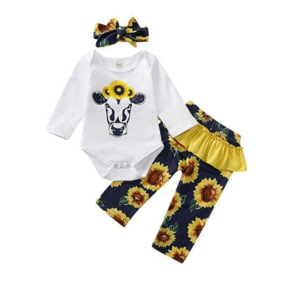 

Autumn Newborn Baby Girl Cotton Clothes Sunflower Print Long Sleeve RomperFloral Pants Headband Outfit Set