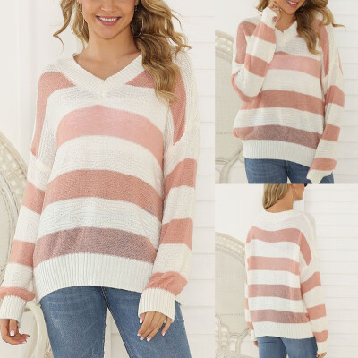 

Tailored Women V-Neck Stripe Patchwork Pullover long Sleeve Loose Knitted Sweater Tops