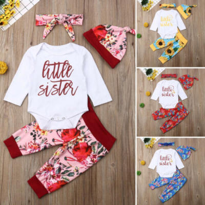 

UK Newborn Baby Girl Little Sister Romper Long Pants Hat Outfit Clothes 4PCS Set