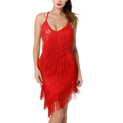

〖Follure〗Women Ladies Sequined Strap Dance Performance Competition Suit Fringe Skirt