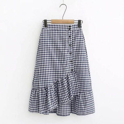 

Women Vintage Literary Style Elastic High Waist Thin Ruffled Irregular Plaid Print Wild Long Paragraph Skirt