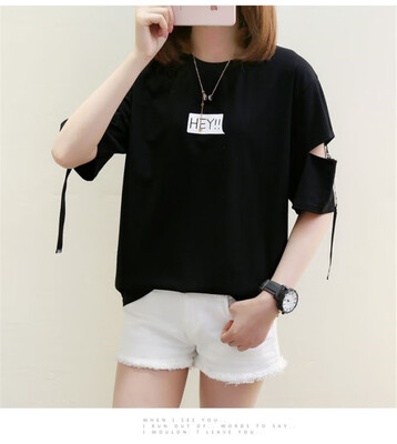 

Women Hey Letter Printed T Shirts Casual Loose Chic T-shirt Flare Half Sleeve Tops