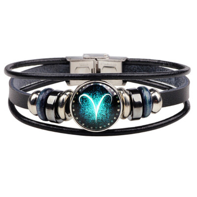 

Retro 12 Zodiac Constellation Beaded Hand Woven Leather Bracelet Punk Chain Cuff
