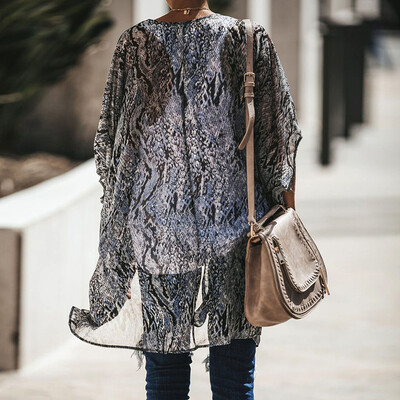 

New Women Chiffon Cardigan Snake Skin Print 34 Sleeve Loose Kimono Outerwear Beach Cover Up Black