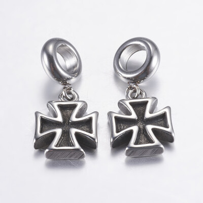 

304 Stainless Steel European Dangle Beads Maltese Cross Large Hole Pendants Antique Silver 24mm Hole 5mm Pendant 14x11x3mm