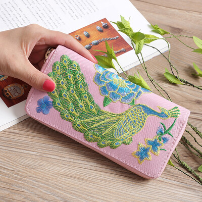 

Tailored Women Fashion Single Pull Peacock Ethnic Style Wallet Card Bag Coin Bag Black