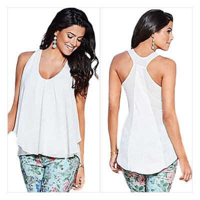 

White round neck sleeveless loose chiffon ruffled casual loose fashion top